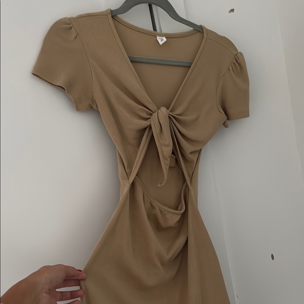 BP Tan Tie Front Puff Sleeve Bodycon Dress